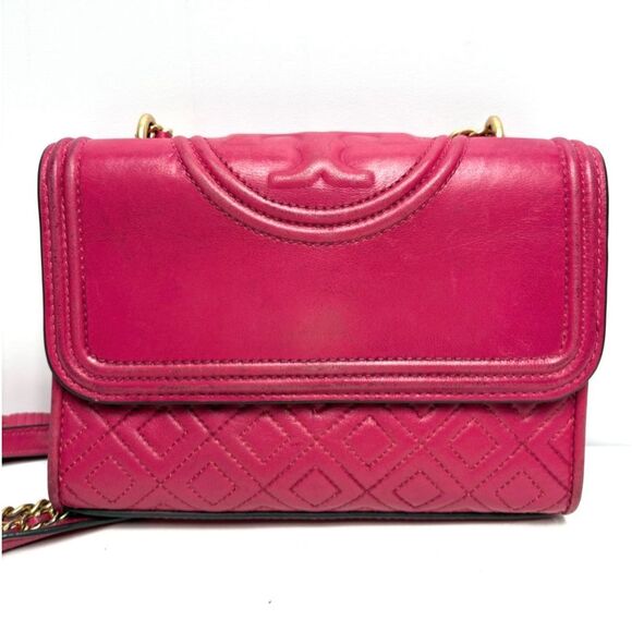Tory Burch Fleming Quilted Magenta Convertible Shoulder Bag Gold Chain Tassel - Picture 5 of 11